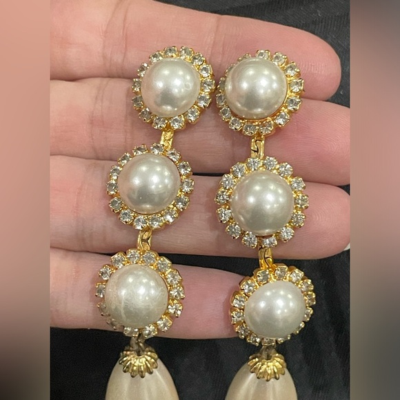 Vintage Signed Lawrence VRBA Faux Pearl Rhinestone 3.5 Dangle Pierced Earrings - Picture 4 of 16